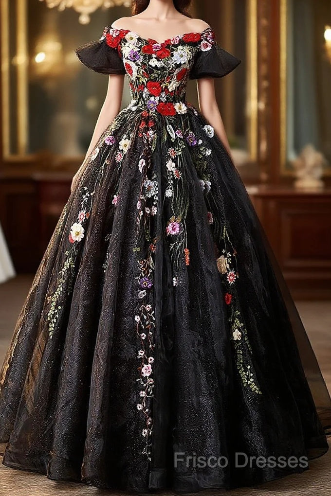 Black Off Shoulder Sweet 16 Dress With Flowers, Black Ball Gown Formal Dress