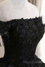 Black Off Shoulder Sweet 16 Formal Dress With Lace, Black Long Formal Prom Dress