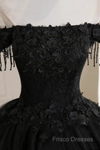 Black Off Shoulder Sweet 16 Formal Dress With Lace, Black Long Formal Prom Dress