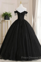 Black Off Shoulder Sweet 16 Formal Dress With Lace, Black Long Formal Prom Dress