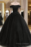 Black Off Shoulder Sweet 16 Formal Dress With Lace, Black Long Formal Prom Dress