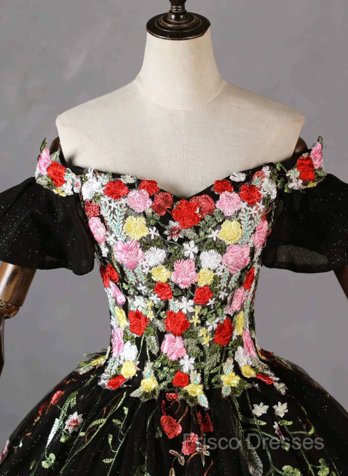Black Off Shoulder Tulle Ball Gown Sweet 16 Dress, Black Floral Formal Prom Dress Party Dress