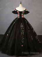 Black Off Shoulder Tulle Ball Gown Sweet 16 Dress, Black Floral Formal Prom Dress Party Dress