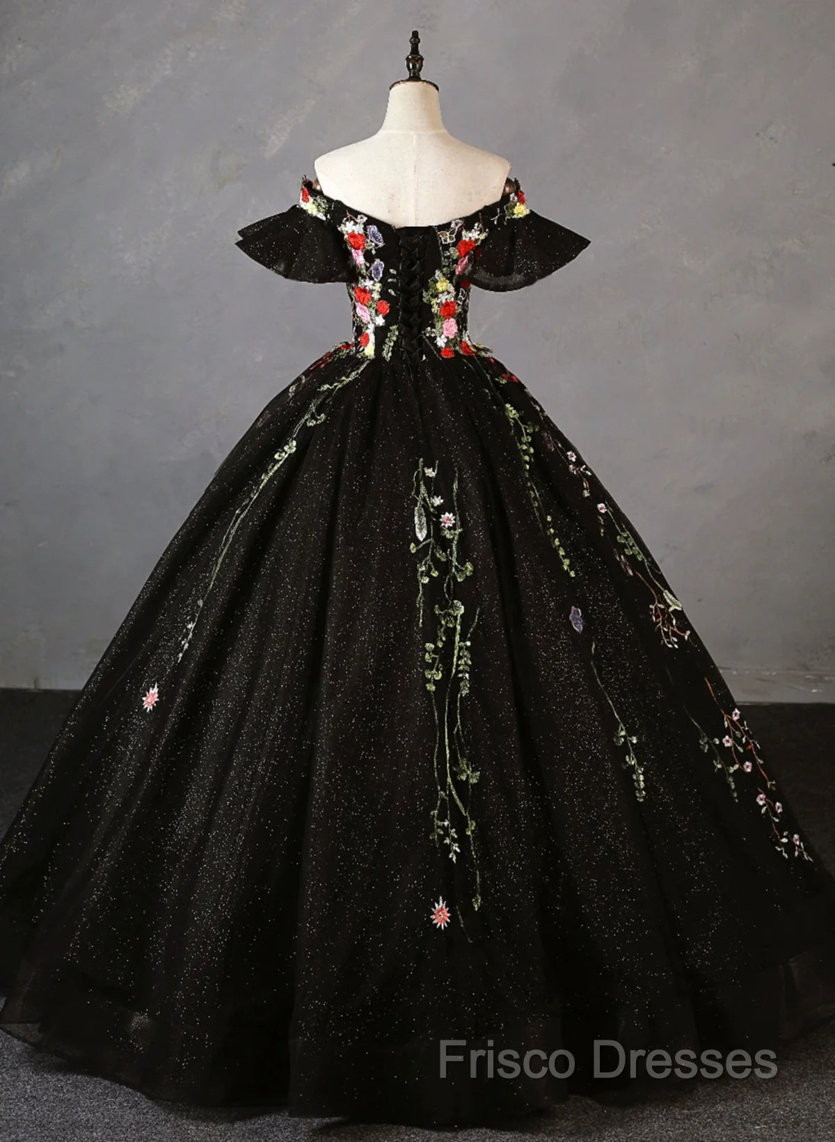 Black Off Shoulder Tulle Ball Gown Sweet 16 Dress, Black Floral Formal Prom Dress Party Dress