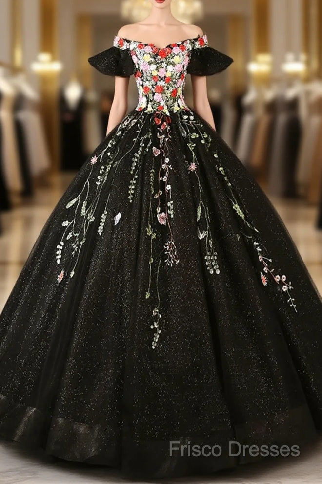 Black Off Shoulder Tulle Ball Gown Sweet 16 Dress, Black Floral Formal Prom Dress Party Dress Main image