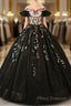 Black Off Shoulder Tulle Ball Gown Sweet 16 Dress, Black Floral Formal Prom Dress Party Dress