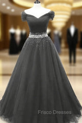 Black Off Shoulder Tulle Lace Beaded A-line Formal Prom Dress, Black Junior Party Dress