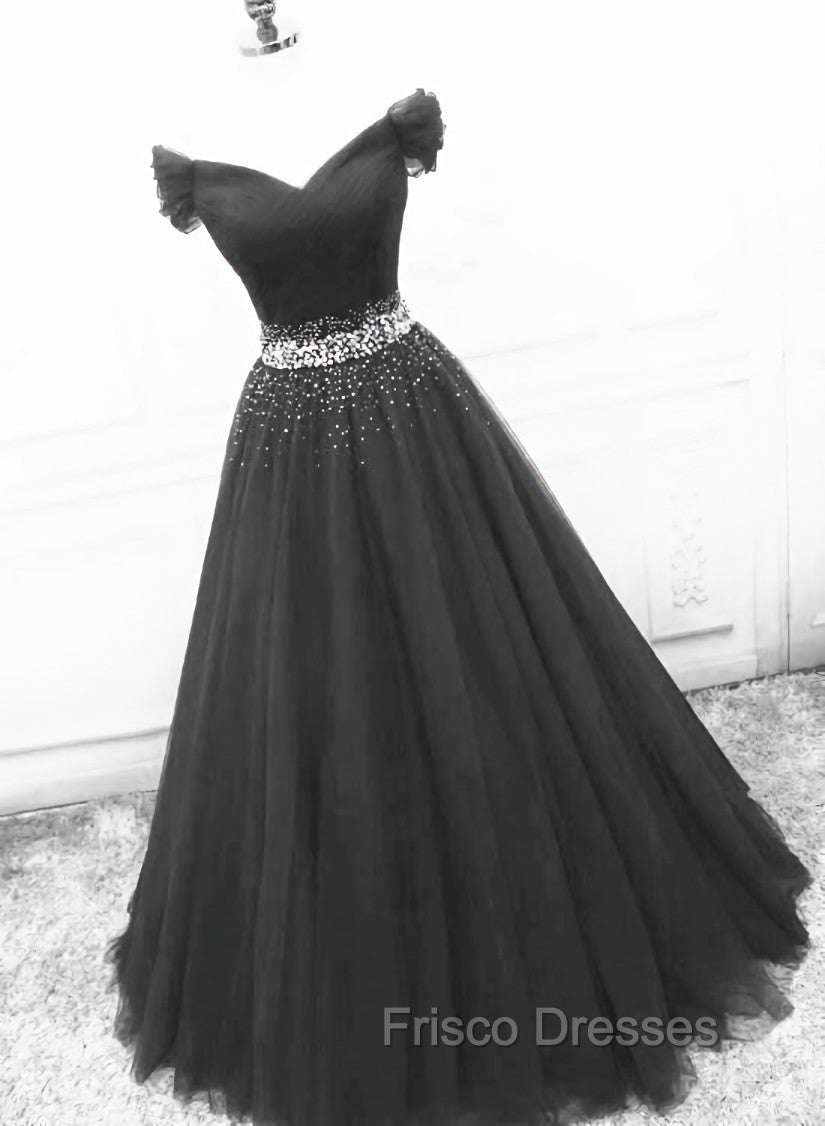 Black Off Shoulder Tulle Lace Beaded A-line Formal Prom Dress, Black Junior Party Dress