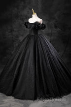 Black Off Shoulder Tulle Lace-Up Sweet 16 Dress, Black Long Party Dress Formal Prom Dress