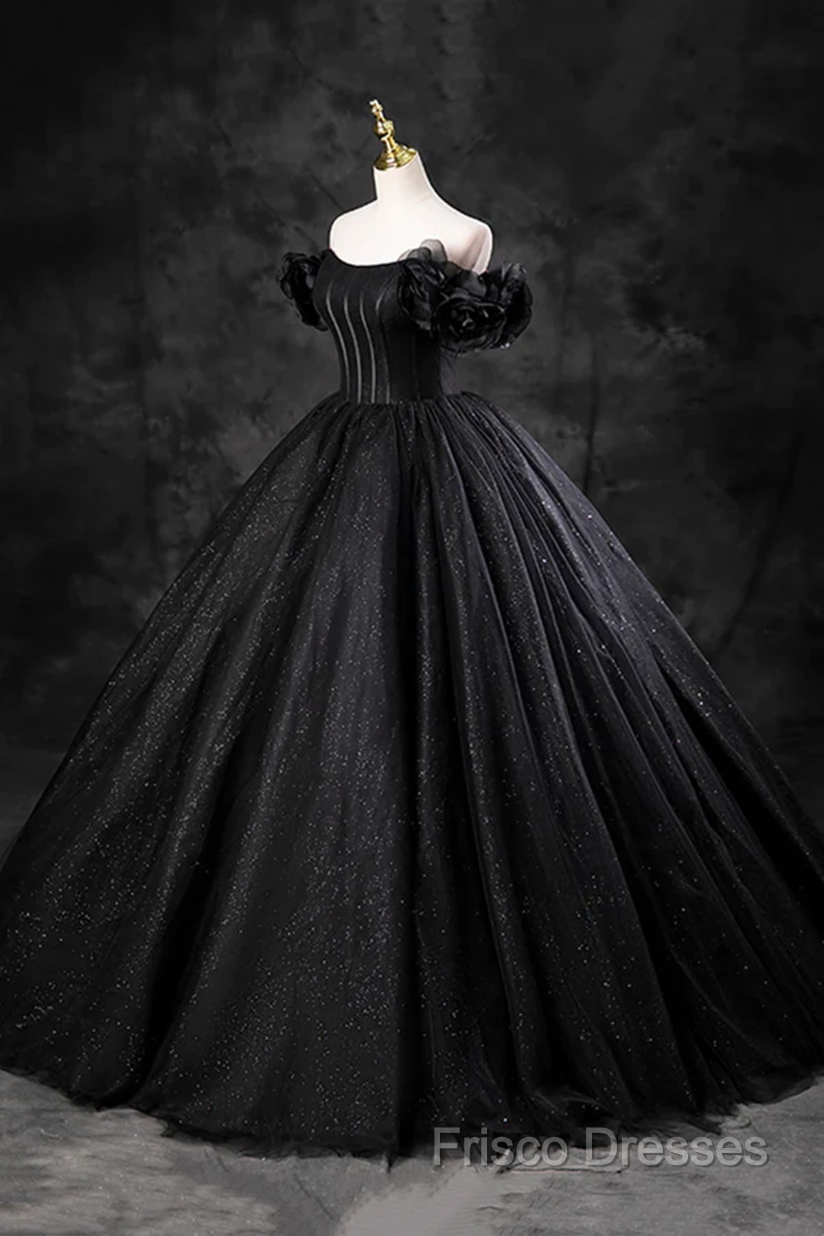 Black Off Shoulder Tulle Lace-Up Sweet 16 Dress, Black Long Party Dress Formal Prom Dress