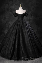 Black Off Shoulder Tulle Lace-Up Sweet 16 Dress, Black Long Party Dress Formal Prom Dress