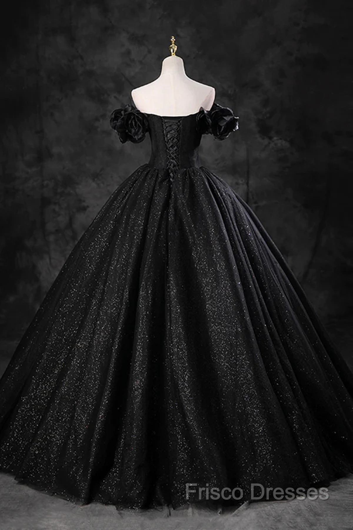 Black Off Shoulder Tulle Lace-Up Sweet 16 Dress, Black Long Party Dress Formal Prom Dress
