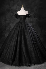 Black Off Shoulder Tulle Lace-Up Sweet 16 Dress, Black Long Party Dress Prom Dress