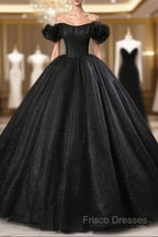 Black Off Shoulder Tulle Lace-Up Sweet 16 Dress, Black Long Party Dress Formal Prom Dress