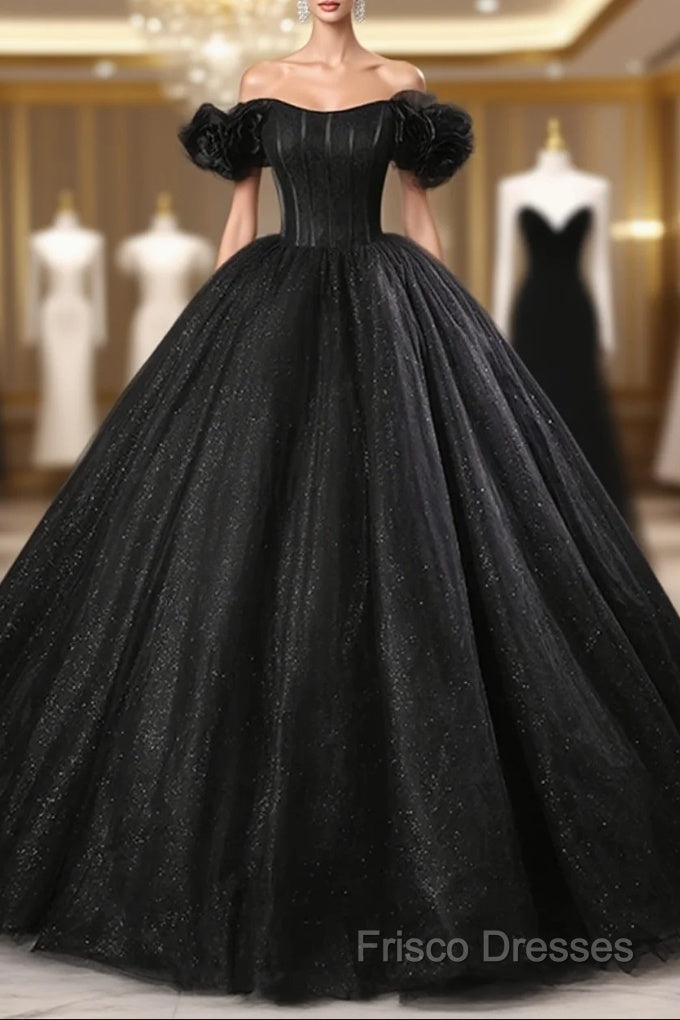 Black Off Shoulder Tulle Lace-Up Sweet 16 Dress, Black Long Party Dress Formal Prom Dress