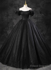 Black Off Shoulder Tulle Lace-Up Sweet 16 Dress, Black Long Party Dress Prom Dress