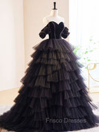 Black Off Shoulder Tulle Long Formal Prom Dress, Black Formal Evening Dress