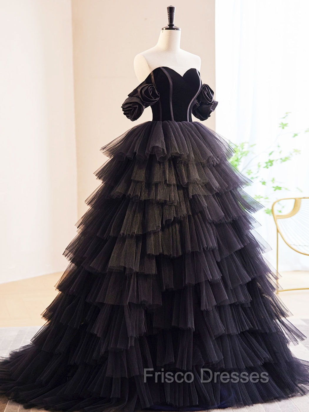 Black Off Shoulder Tulle Long Formal Prom Dress, Black Formal Evening Dress