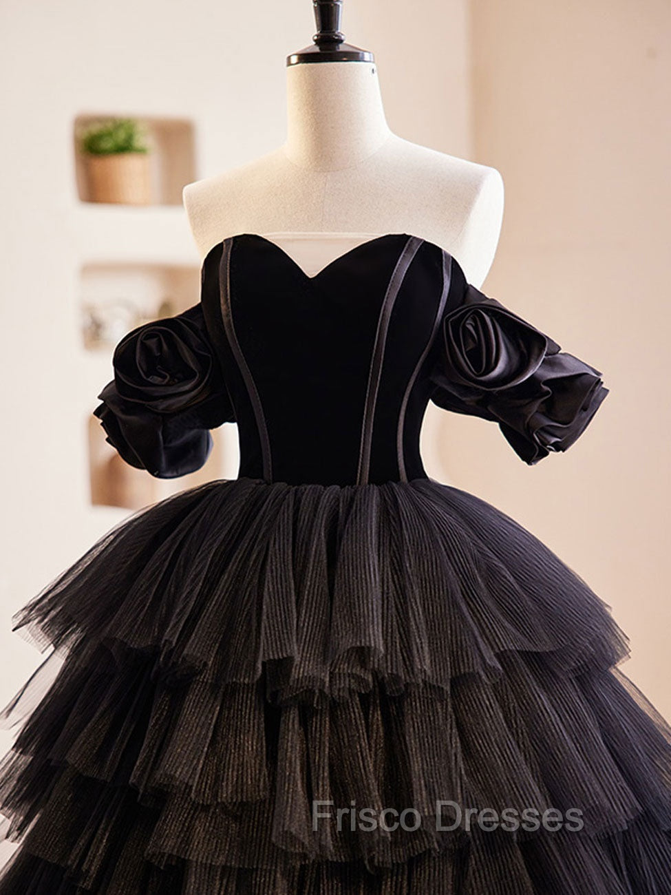 Black Off Shoulder Tulle Long Formal Prom Dress, Black Formal Evening Dress