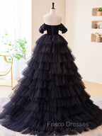 Black Off Shoulder Tulle Long Formal Prom Dress, Black Formal Evening Dress
