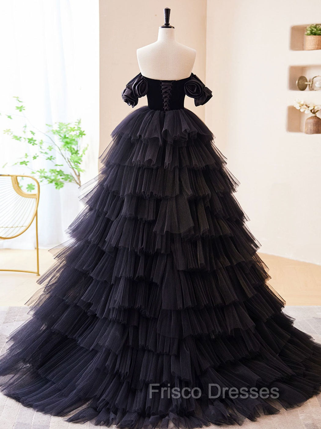 Black Off Shoulder Tulle Long Formal Prom Dress, Black Formal Evening Dress