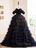 Black Off Shoulder Tulle Long Formal Prom Dress, Black Formal Evening Dress