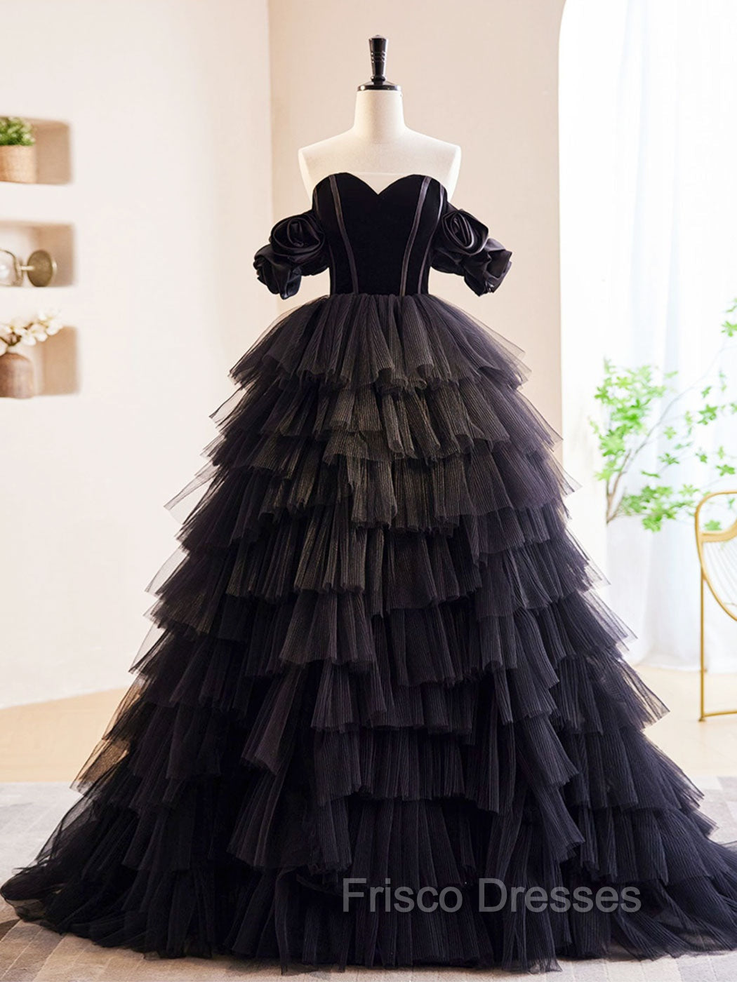 Black Off Shoulder Tulle Long Formal Prom Dress, Black Formal Evening Dress