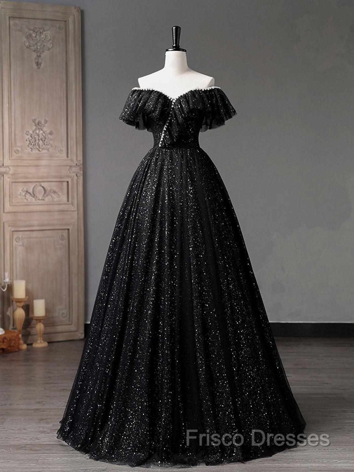 Black Off Shoulder Tulle Long Formal Prom Dress, Black Formal Dress