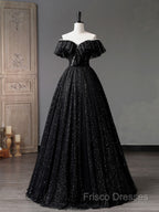 Black Off Shoulder Tulle Long Formal Prom Dress, Black Formal Dress
