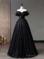 Black Off Shoulder Tulle Long Prom Dress, Black Formal Evening Dresses