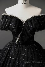 Black Off Shoulder Tulle Long Formal Prom Dress, Black Formal Dress