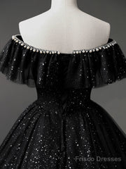 Black Off Shoulder Tulle Long Prom Dress, Black Formal Evening Dresses