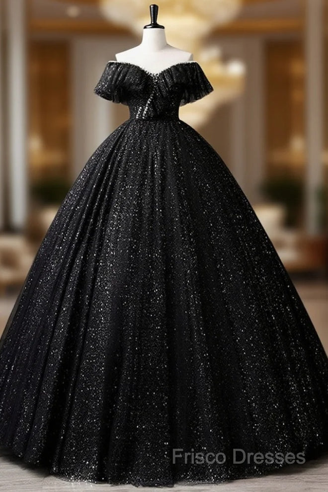 Black Off Shoulder Tulle Long Formal Prom Dress, Black Formal Dress Main image