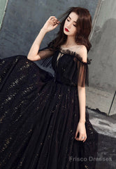Black Off Shoulder Tulle Party Dress, A-Line Black Formal Dress Prom Dress