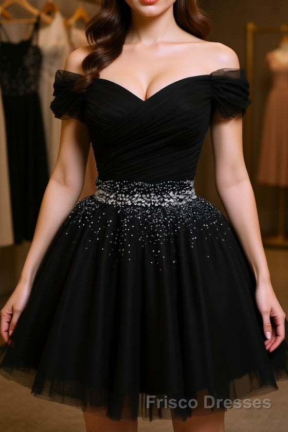 Black Off Shoulder Tulle Sequin Short Formal Prom Dresses, Black Homecoming Dresses Main image
