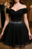Black Off Shoulder Tulle Sequin Short Formal Prom Dresses, Black Homecoming Dresses