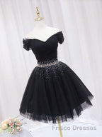 Black Off Shoulder Tulle Sequin Short Formal Prom Dresses, Black Homecoming Dresses
