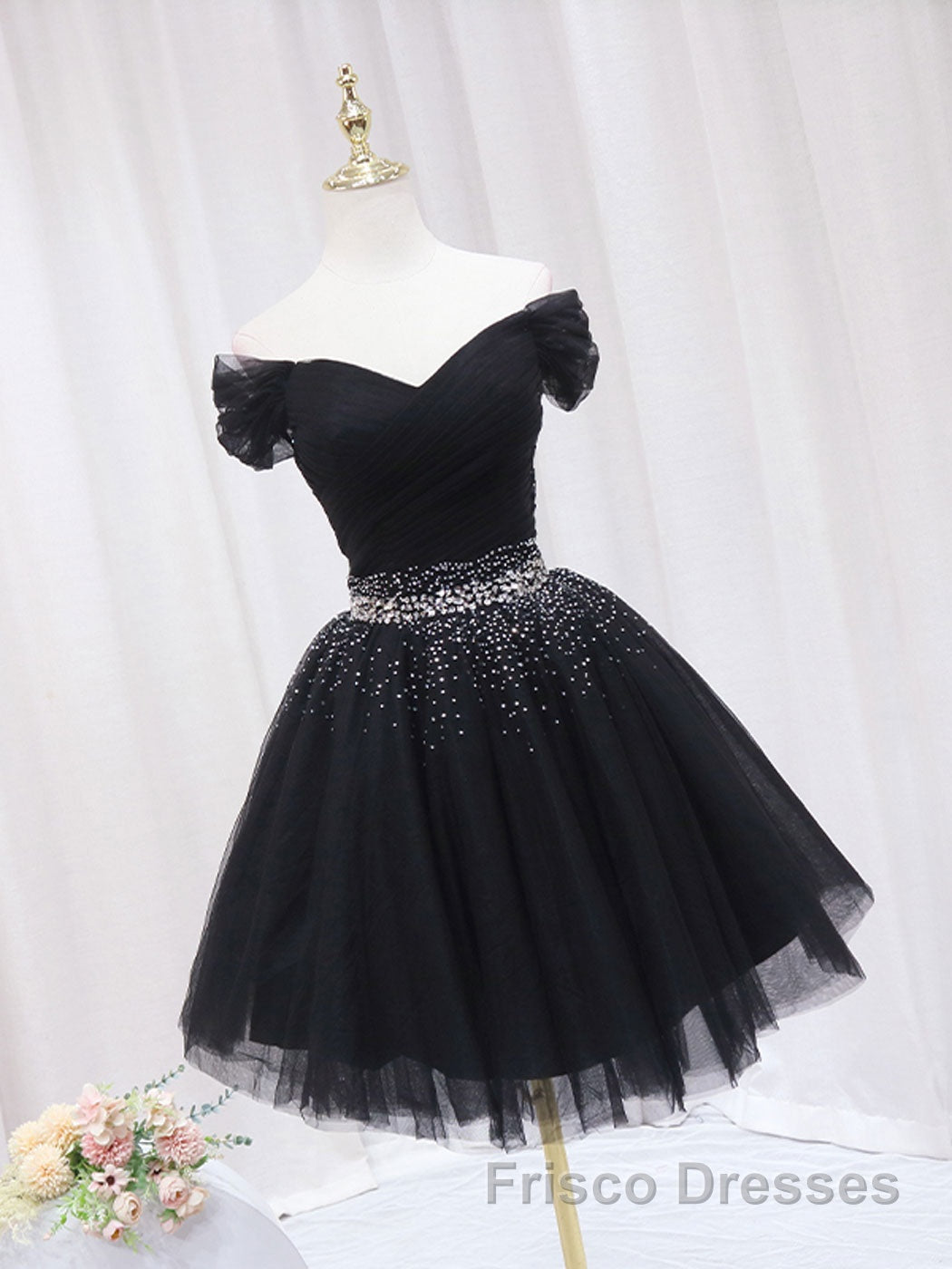 Black Off Shoulder Tulle Sequin Short Formal Prom Dresses, Black Homecoming Dresses