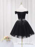 Black Off Shoulder Tulle Sequin Short Formal Prom Dresses, Black Homecoming Dresses