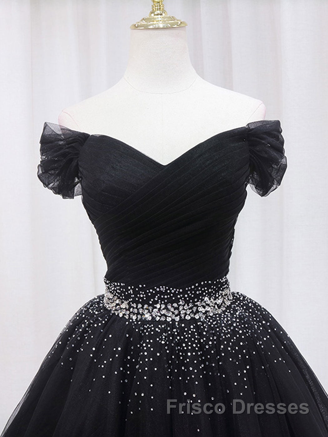 Black Off Shoulder Tulle Sequin Short Formal Prom Dresses, Black Homecoming Dresses