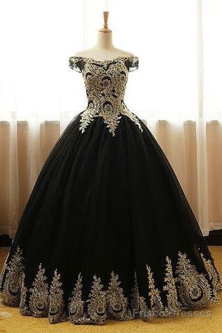 Black Off Shoulder Tulle Sweet 16 Gowns With Gold Applique, Charming Evening Gowns Secondary image