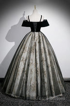 Black Off Shoulder Tulle With Lace Long Formal Dress, Black Sweet 16 Dress