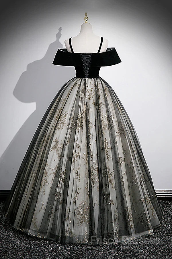 Black Off Shoulder Tulle With Lace Long Formal Dress, Black Sweet 16 Dress