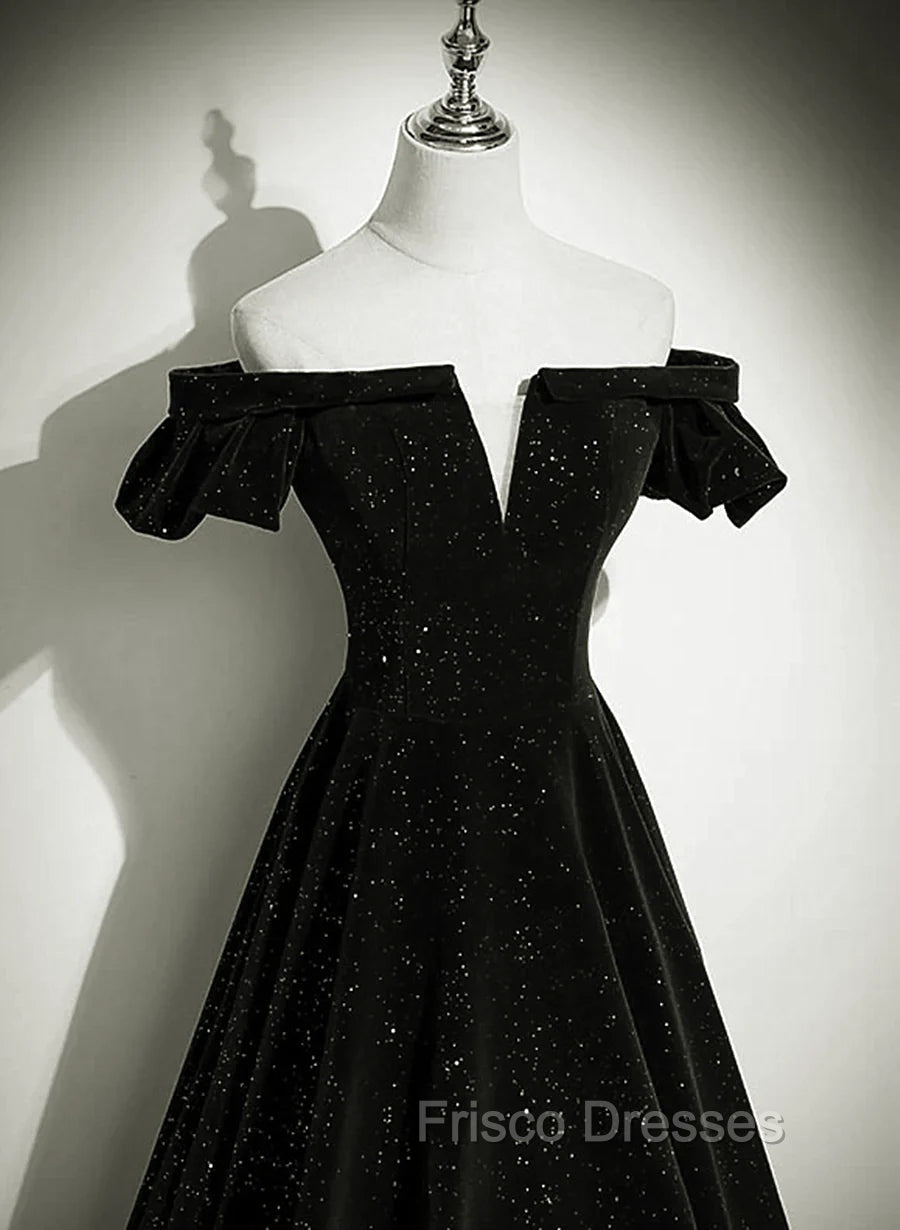 Black Off Shoulder Velvet Long Party Dress Formal Prom Dress, Black Simple Evening Dress
