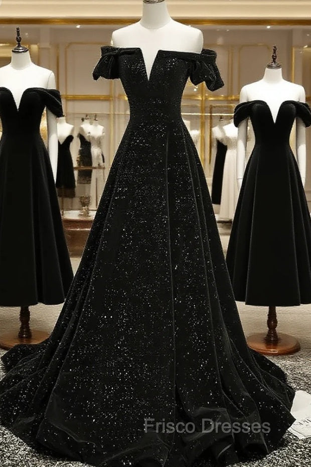 Black Off Shoulder Velvet Long Party Dress Formal Prom Dress, Black Simple Evening Dress Main image