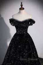 Black Off the Shoulder Beaded Long Formal Dress, Black Shiny Sequins Evening Dress