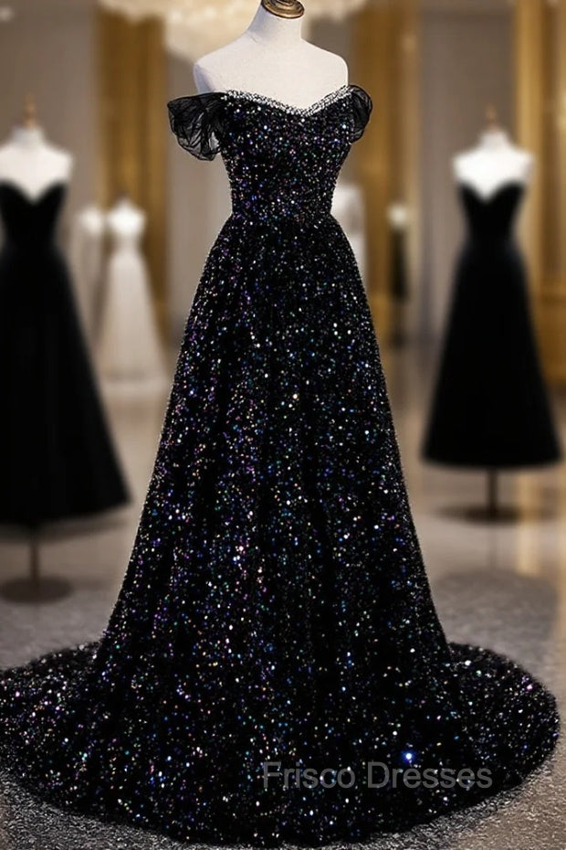 Black Off the Shoulder Beaded Long Formal Dress, Black Shiny Sequins Evening Dress