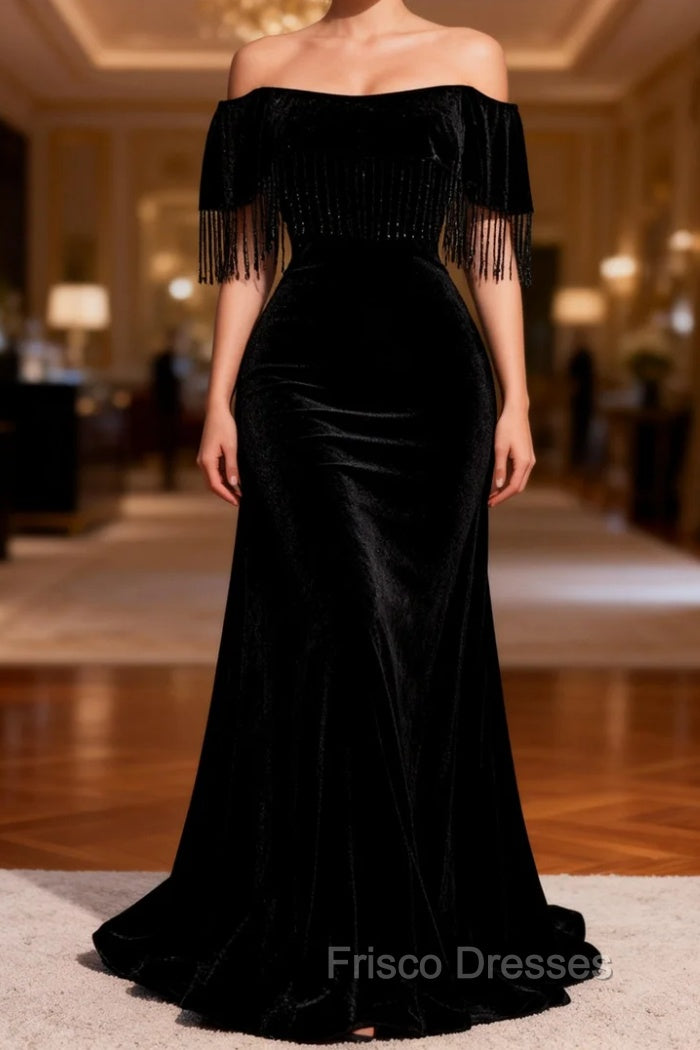 Black Off the Shoulder Beading Formal Prom Dress