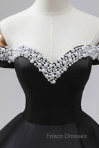 Black Off the Shoulder Pearls Long Sleeve Formal Prom Dress, A-Line Evening Party Dress with Slit