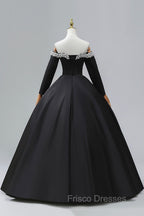 Black Off the Shoulder Pearls Long Sleeve Formal Prom Dress, A-Line Evening Party Dress with Slit
